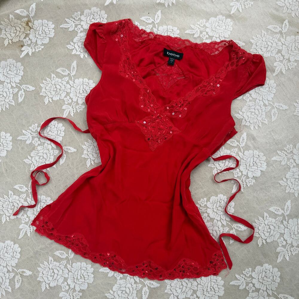 Bebe Red Lace Tie Side Blouse Size Small